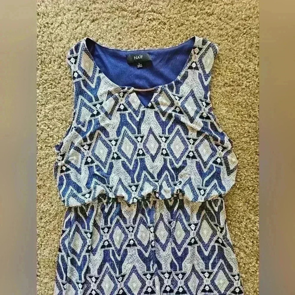 Naif Bohemian Sleeveless Blue & White Maxi Dress w/ Empire Waist, Size Large - Picture 3 of 6